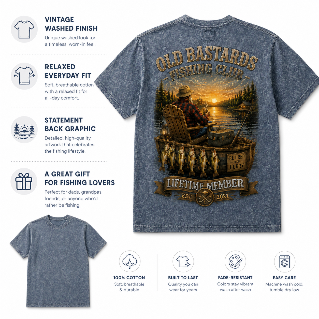 Men's Funny Old Bastards Fishing Club Lifetime Member Print Casual Tee