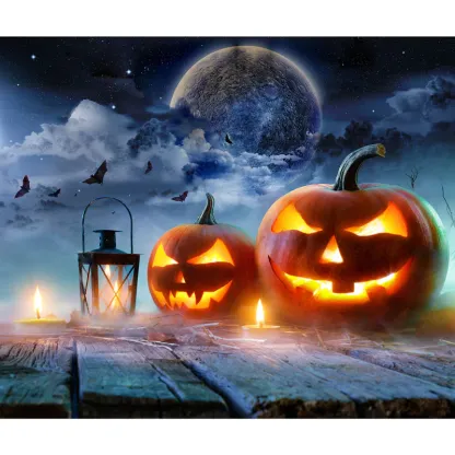 O-Lantern on Table in Spooky Night - Halloween With Full Moon Garage Door Banner Mural