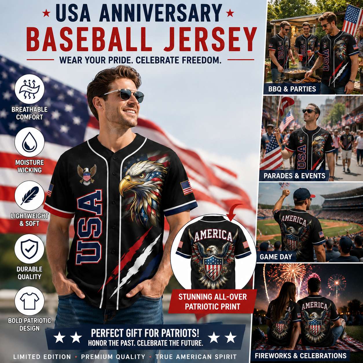 🦅Anniversary All-Over Print Patriotic Baseball Jersey