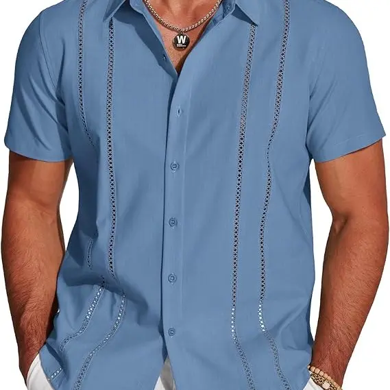Men's Cuban Short Sleeve V-Neck Linen Shirt Casual Summer Beach