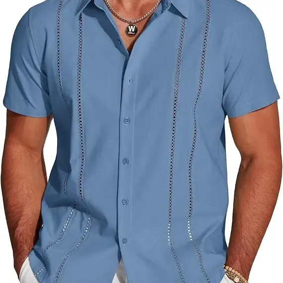 Men's Cuban Short Sleeve V-Neck Linen Shirt Casual Summer Beach