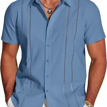 Men's Cuban Short Sleeve V-Neck Linen Shirt Casual Summer Beach