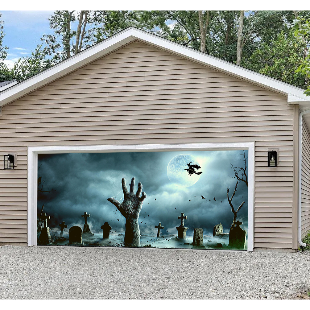 Spooky Graveyard Halloween Garage Door Banner Mural on a Full Moon Night