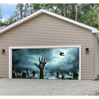 Spooky Graveyard Halloween Garage Door Banner Mural on a Full Moon Night