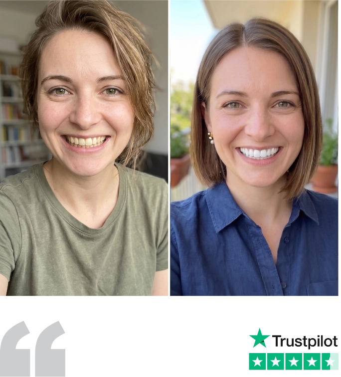 Emma's whiter smile after using Asuno, with a 5-star Trustpilot rating