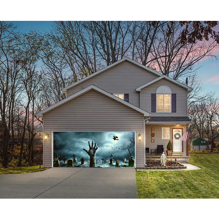Spooky Graveyard Halloween Garage Door Banner Mural on a Full Moon Night