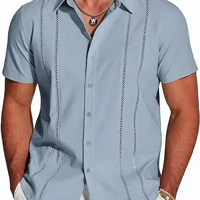 Men's Cuban Short Sleeve V-Neck Linen Shirt Casual Summer Beach