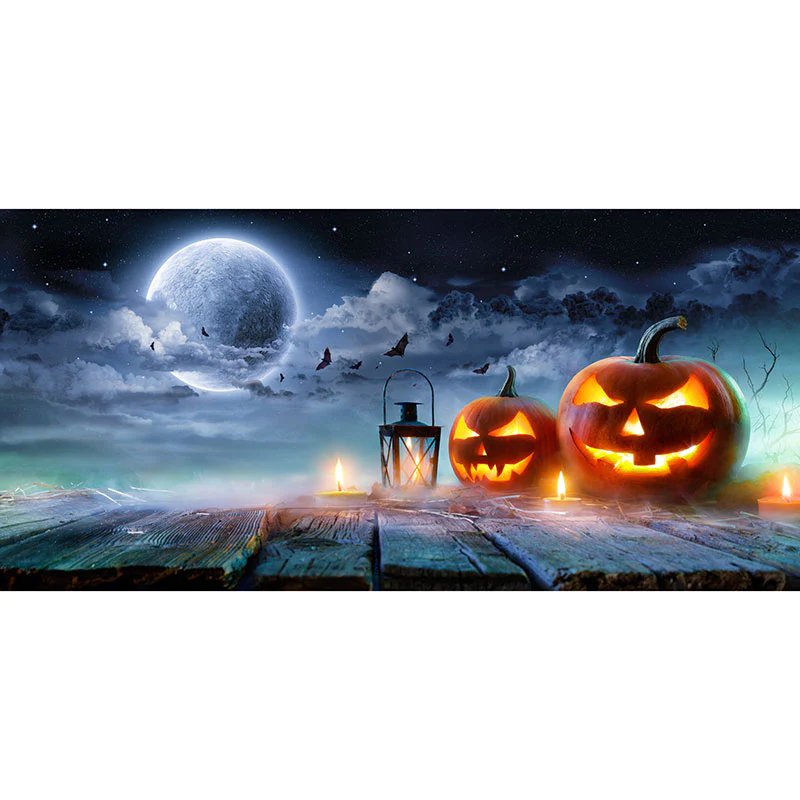 O-Lantern on Table in Spooky Night - Halloween With Full Moon Garage Door Banner Mural