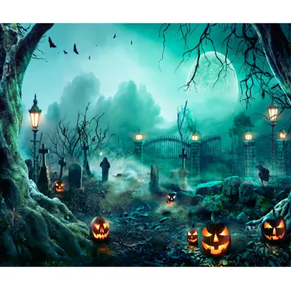 Lanterns In Graveyard In The Spooky Night - Halloween With Full Moon Garage Door Banner Mural