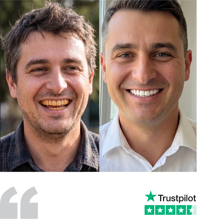Daniel's whiter teeth after using Asuno, with his 5-star Trustpilot rating