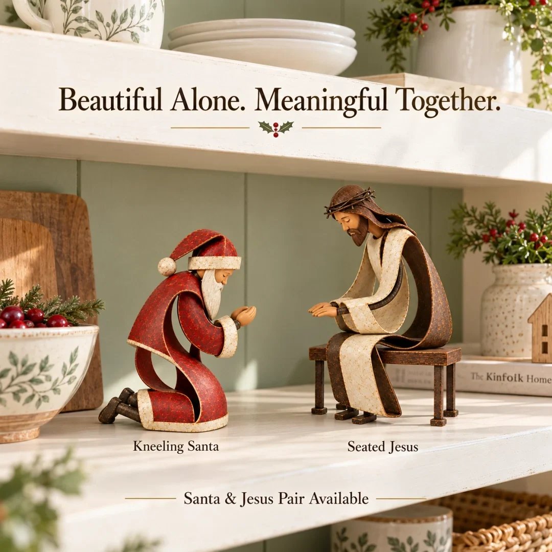 Kneeling Santa and seated Jesus displayed separately to show the available figurine styles