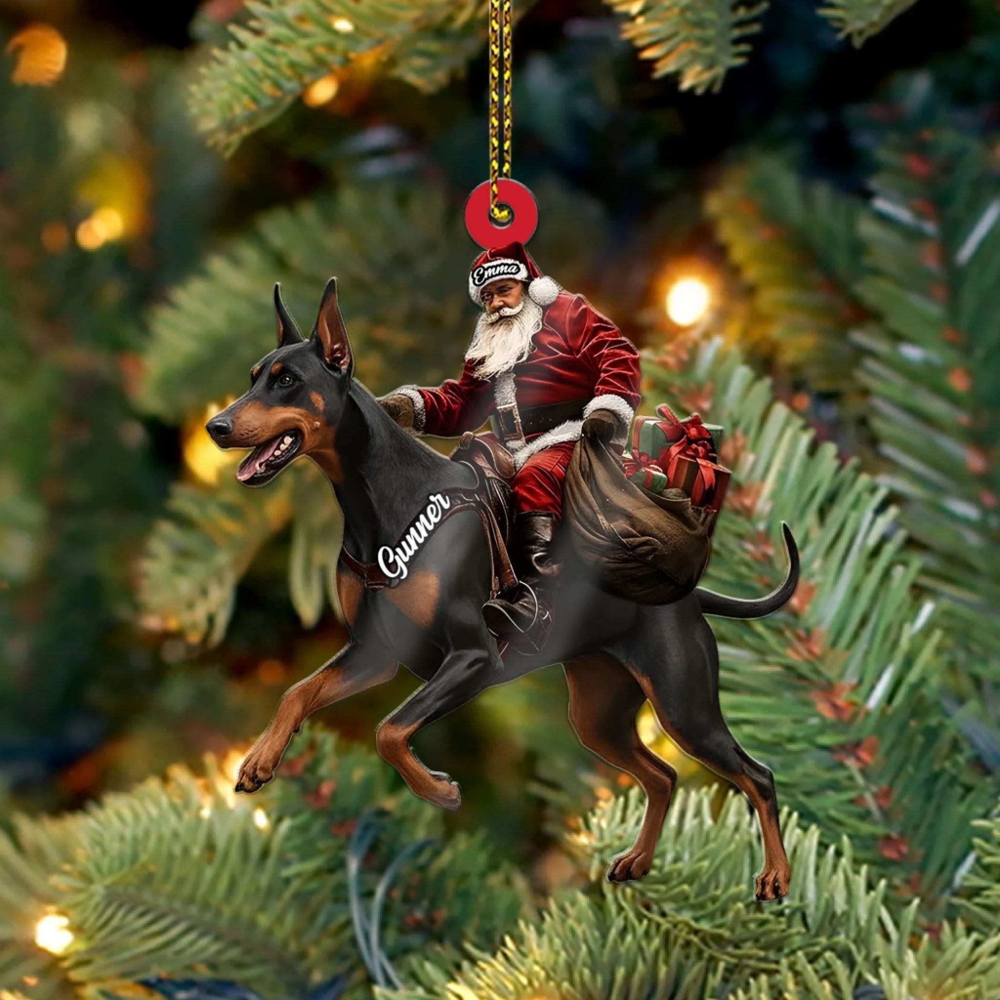 Santa Riding Doberman Christmas Ornament, Funny Dog Lover Tree