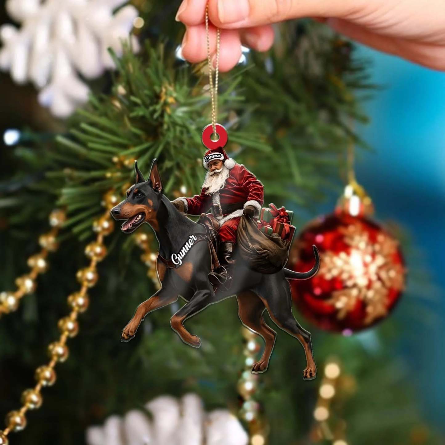 Santa Riding Doberman Christmas Ornament, Funny Dog Lover Tree