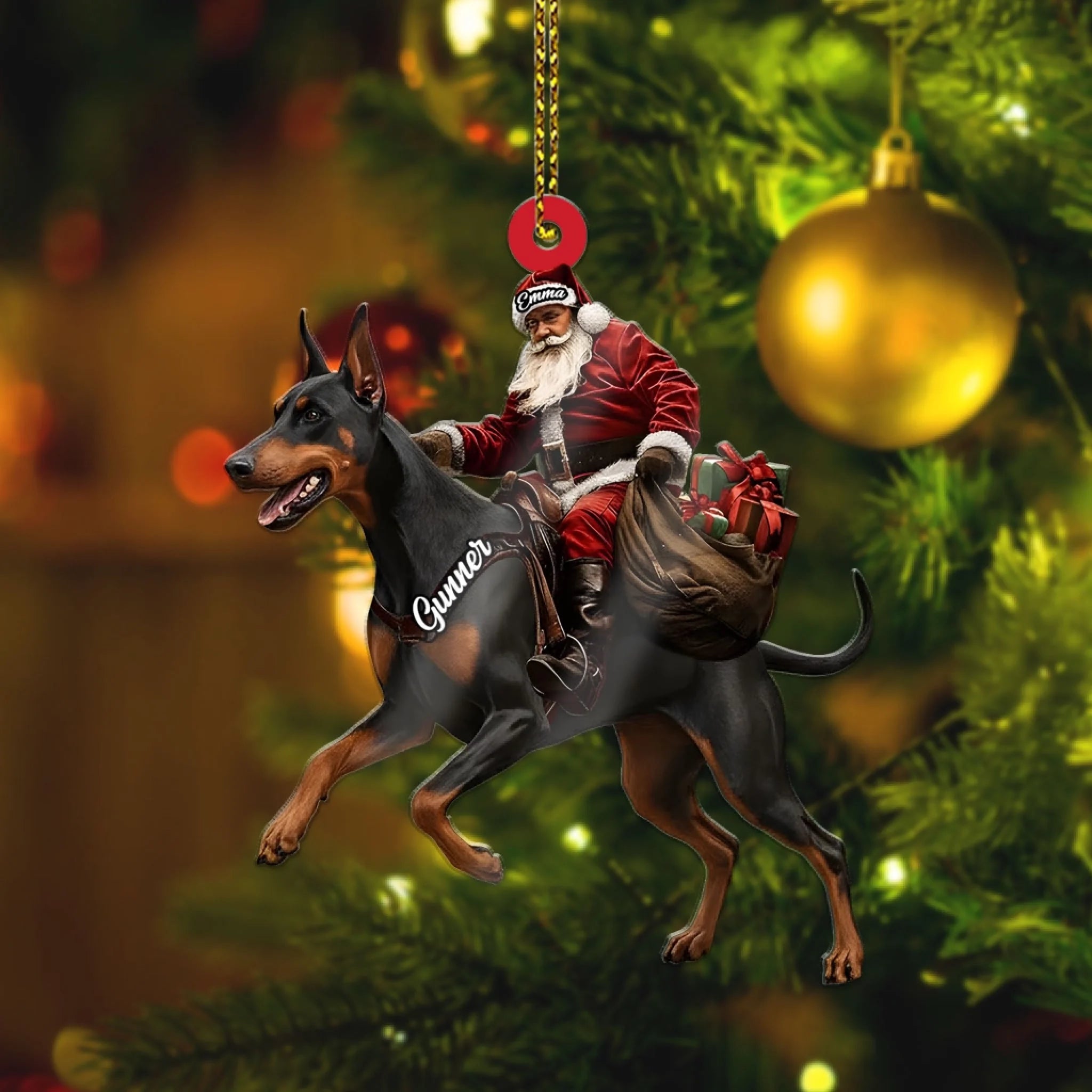Santa Riding Doberman Christmas Ornament, Funny Dog Lover Tree