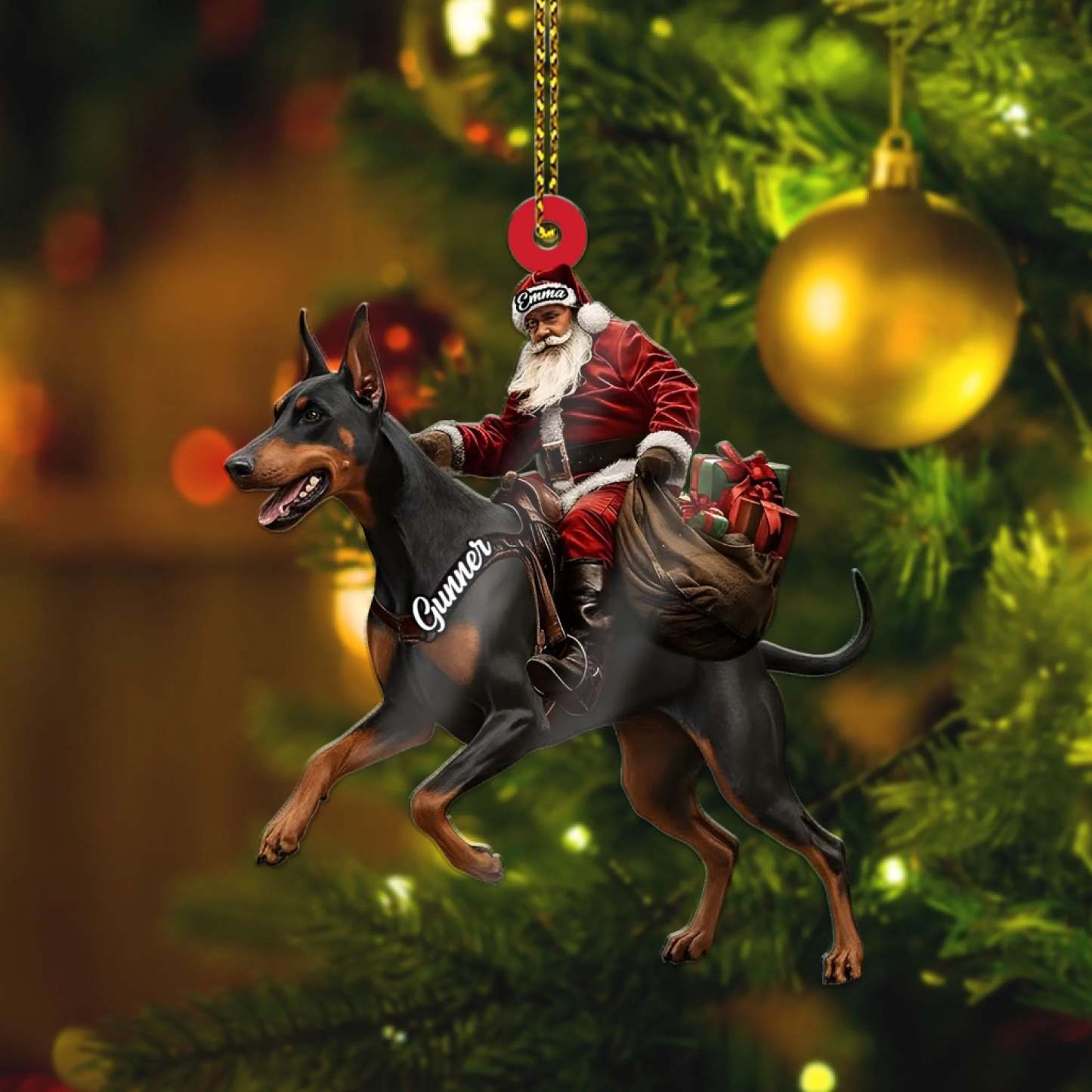 Santa Riding Doberman Christmas Ornament, Funny Dog Lover Tree
