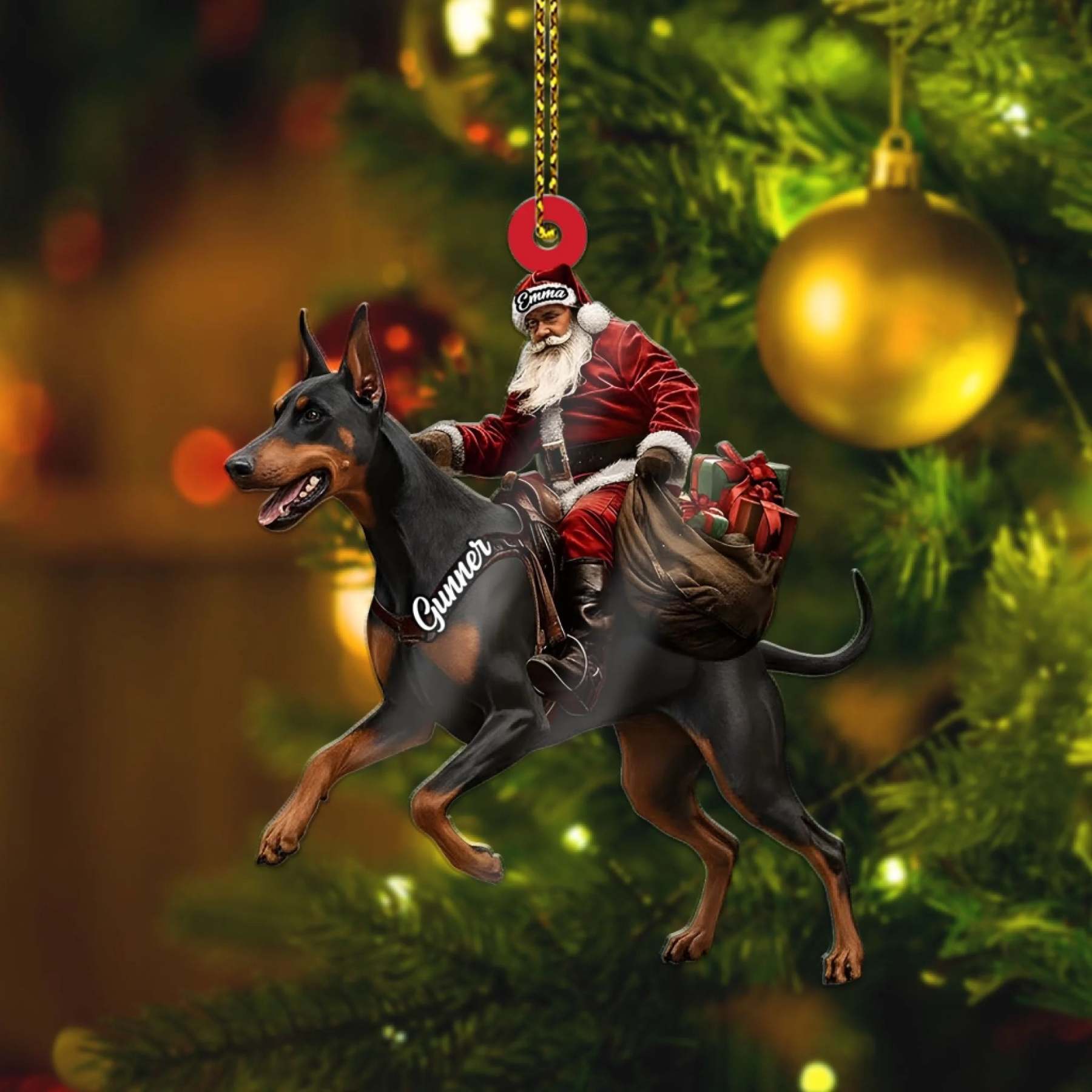 Santa Riding Doberman Christmas Ornament, Funny Dog Lover Tree