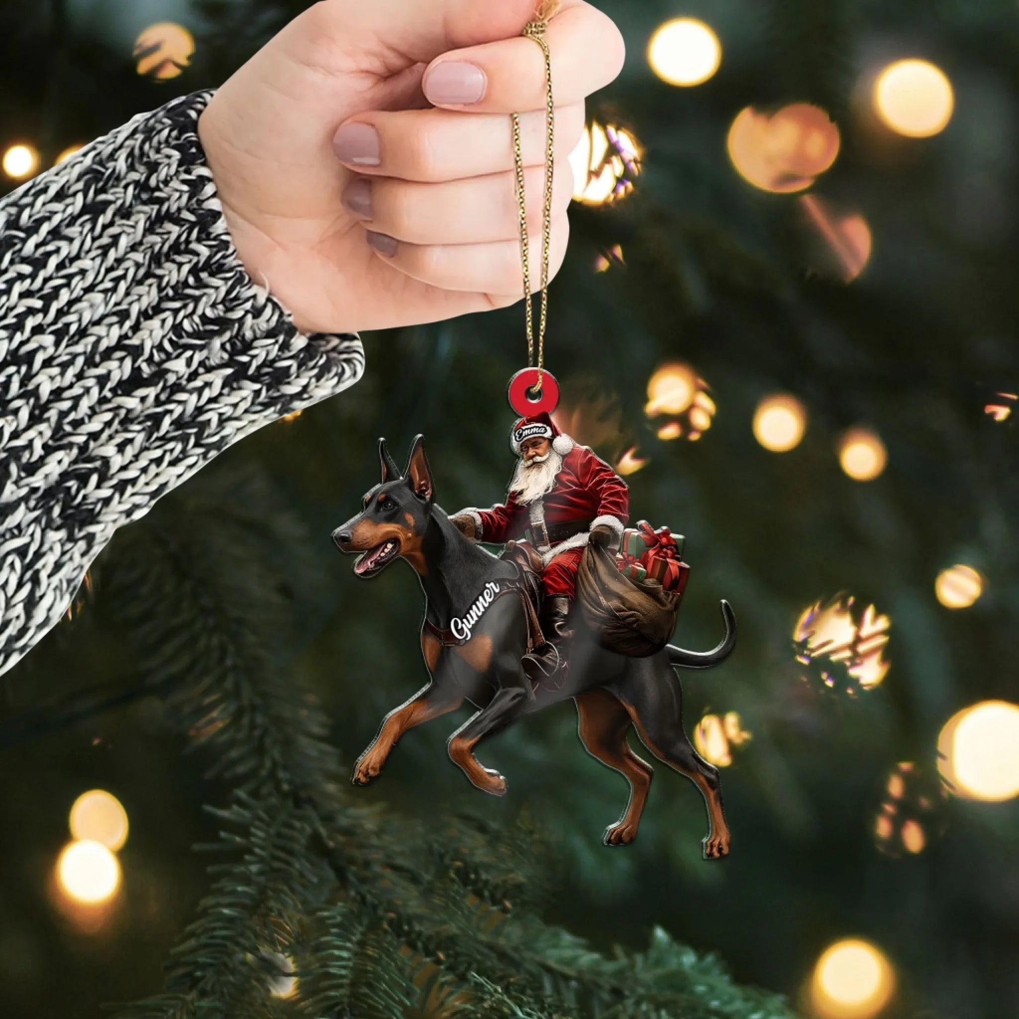 Santa Riding Doberman Christmas Ornament, Funny Dog Lover Tree