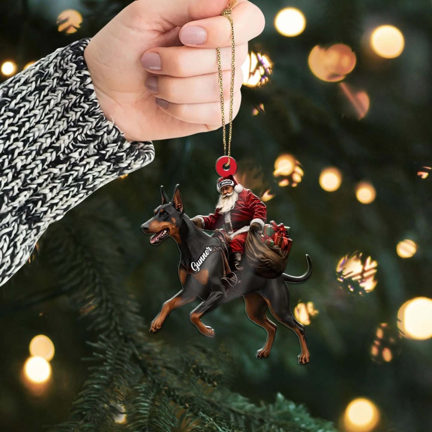 Santa Riding Doberman Christmas Ornament, Funny Dog Lover Tree