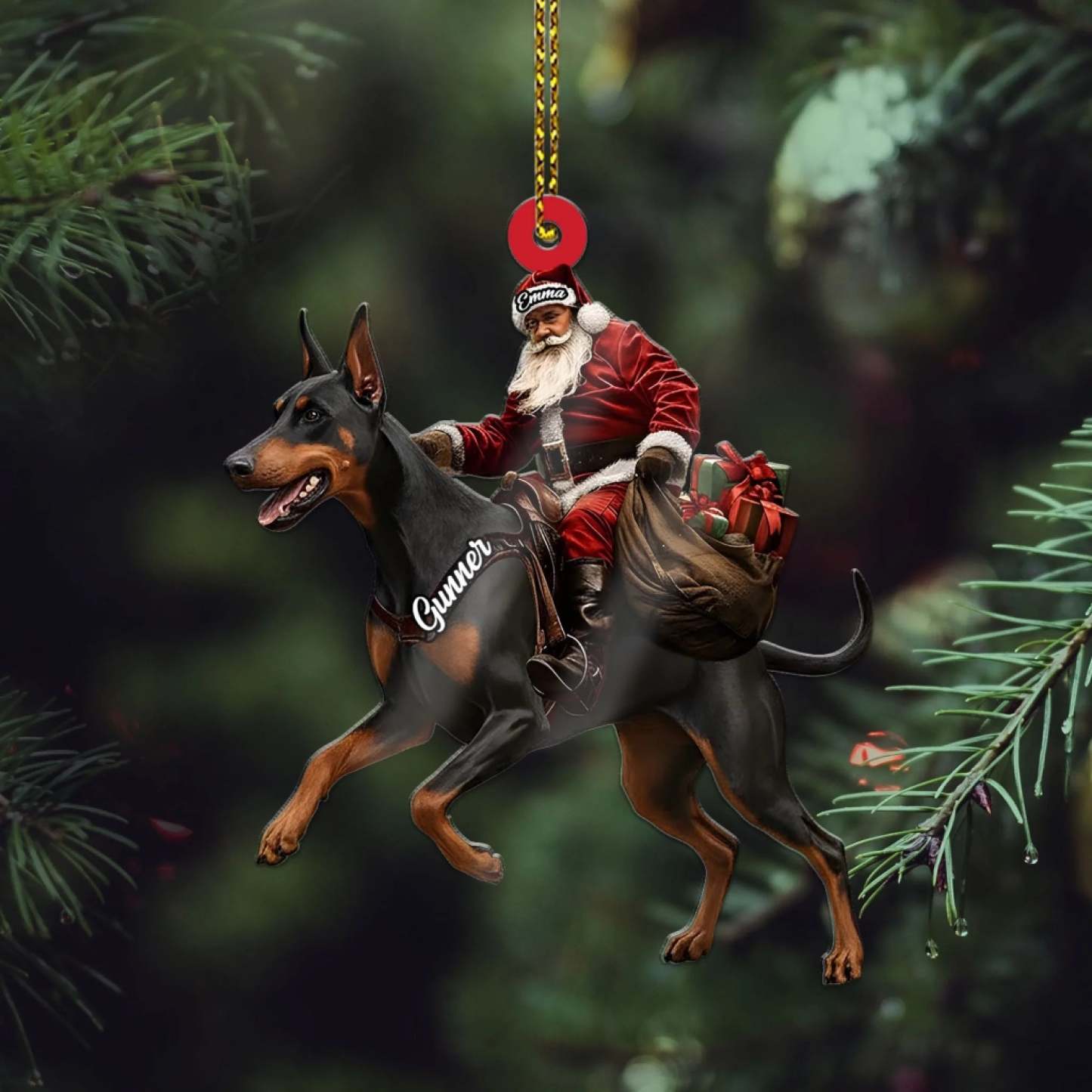 Santa Riding Doberman Christmas Ornament, Funny Dog Lover Tree