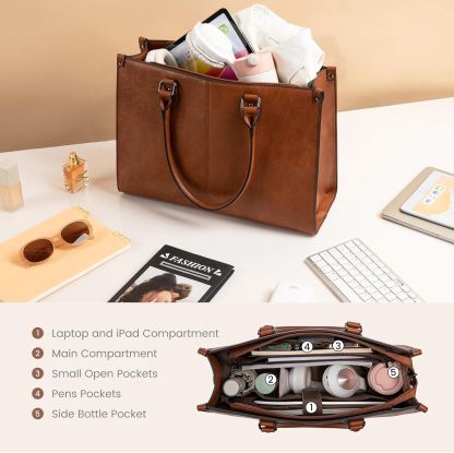 Laptop Tote Bag with Insulated Lunch Compartment for Women Work, PU Leather Lunch Bag with 15.6 Inch Computer Compartment