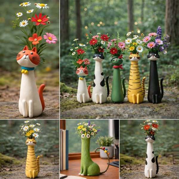 Handmade Clay Funny  Cat Vase
