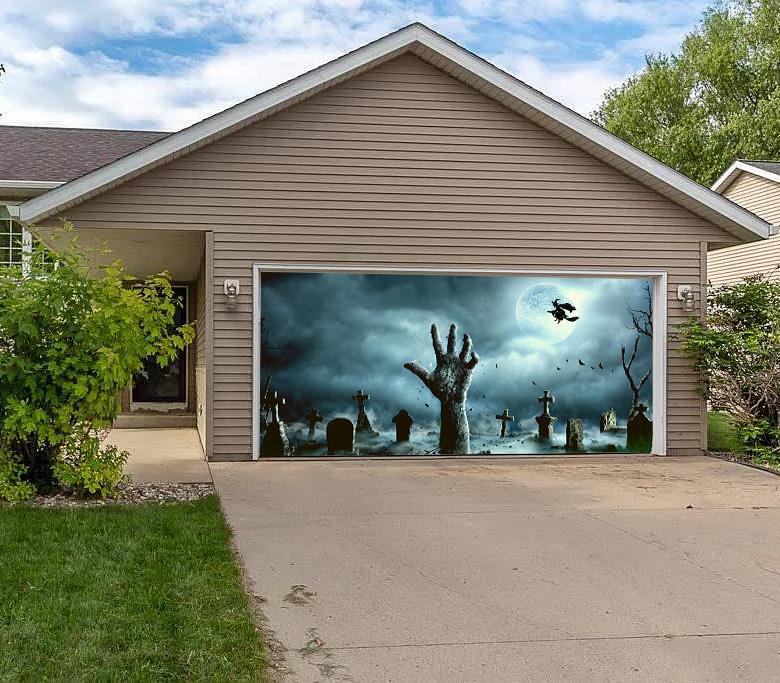 Spooky Graveyard Halloween Garage Door Banner Mural on a Full Moon Night