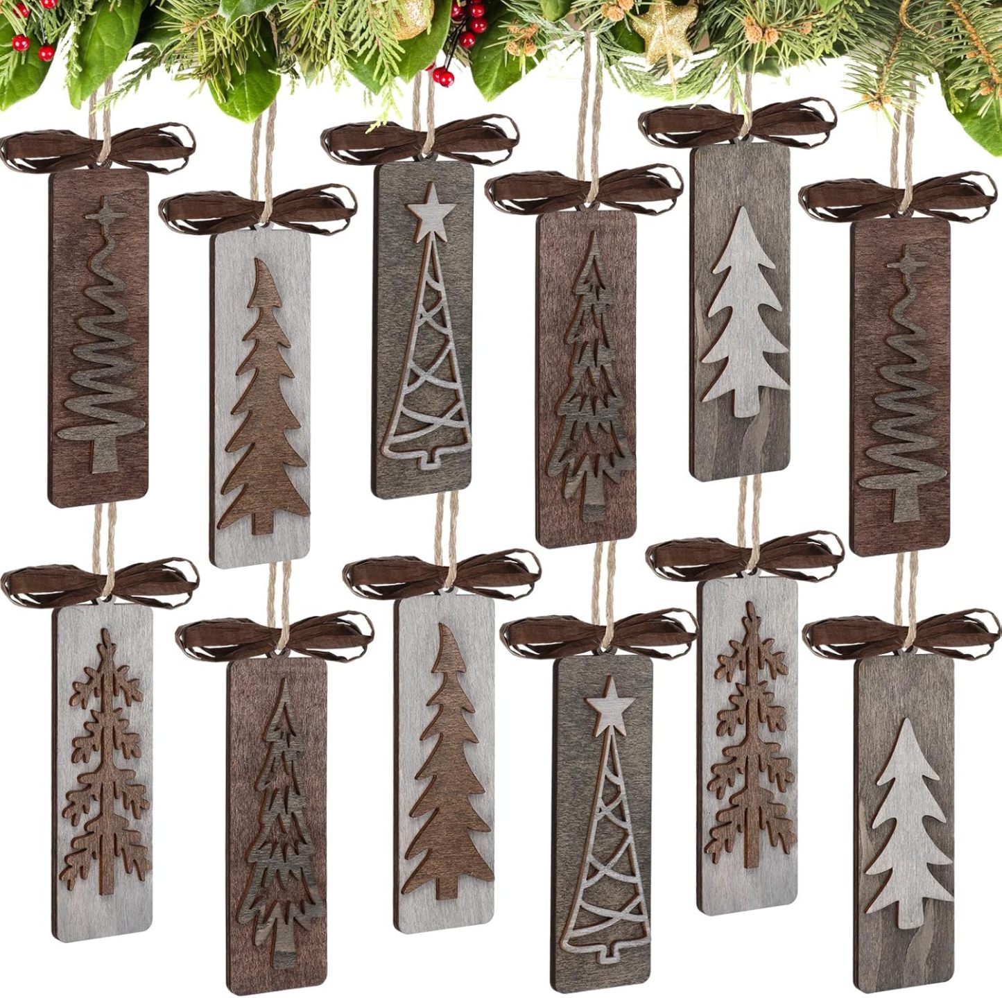 12 Pcs Handmade Rustic Wooden Christmas Tree Ornaments Set