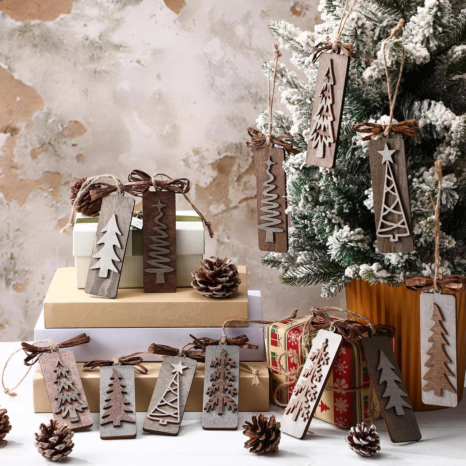 12 Pcs Handmade Rustic Wooden Christmas Tree Ornaments Set