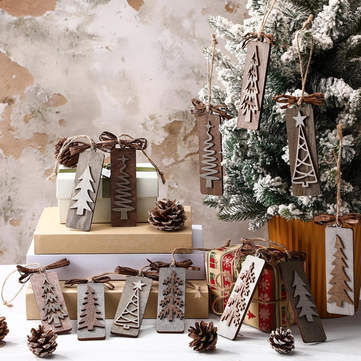 12 Pcs Handmade Rustic Wooden Christmas Tree Ornaments Set