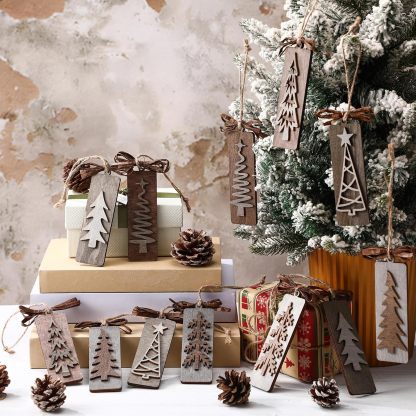 12 Pcs Handmade Rustic Wooden Christmas Tree Ornaments Set