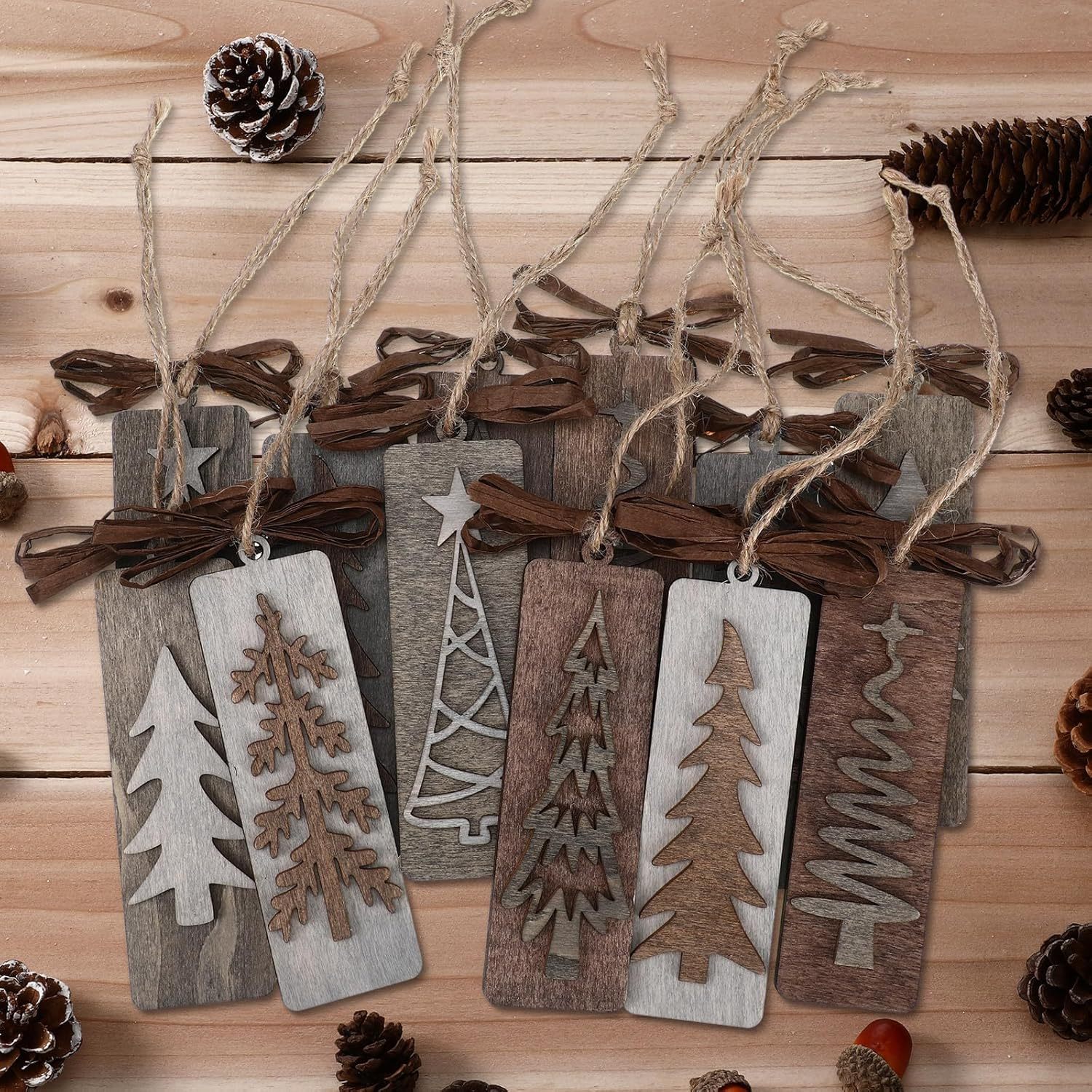 12 Pcs Handmade Rustic Wooden Christmas Tree Ornaments Set