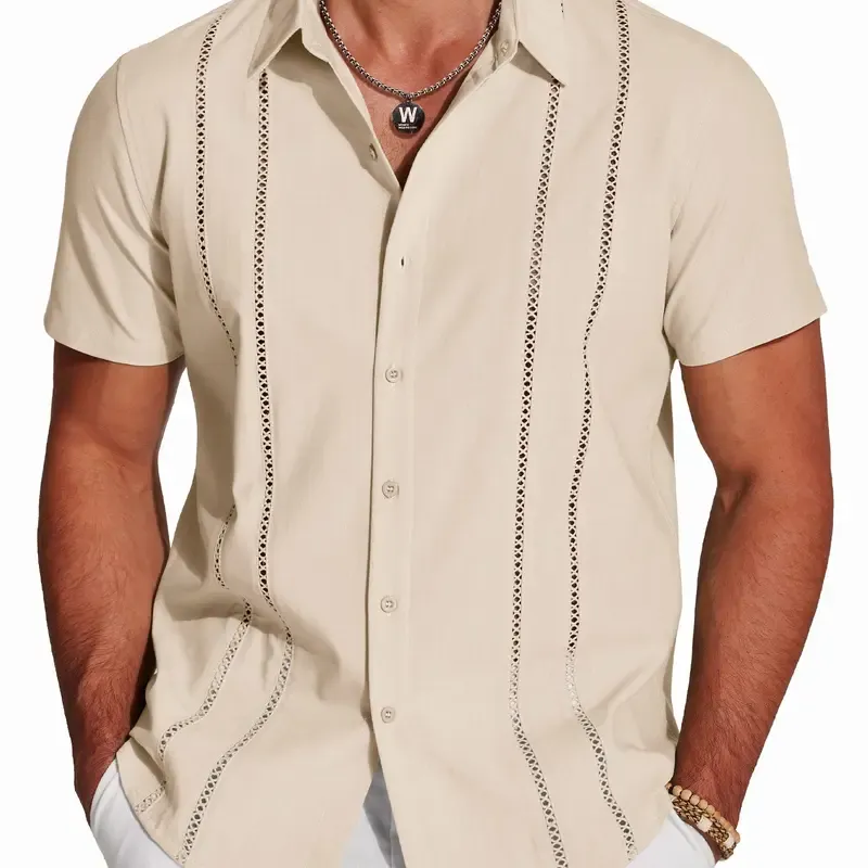 Men's Cuban Short Sleeve V-Neck Linen Shirt Casual Summer Beach