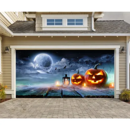 O-Lantern on Table in Spooky Night - Halloween With Full Moon Garage Door Banner Mural