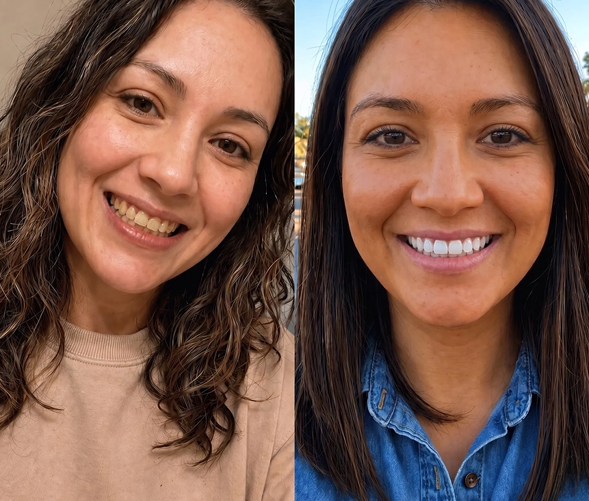 A person showing off a bright, white smile after using Asuno whitening tablets