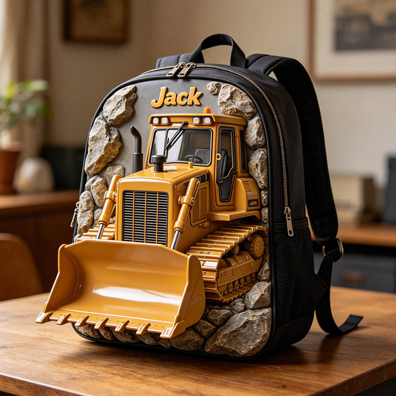 Personalized bulldozer-themed backpack