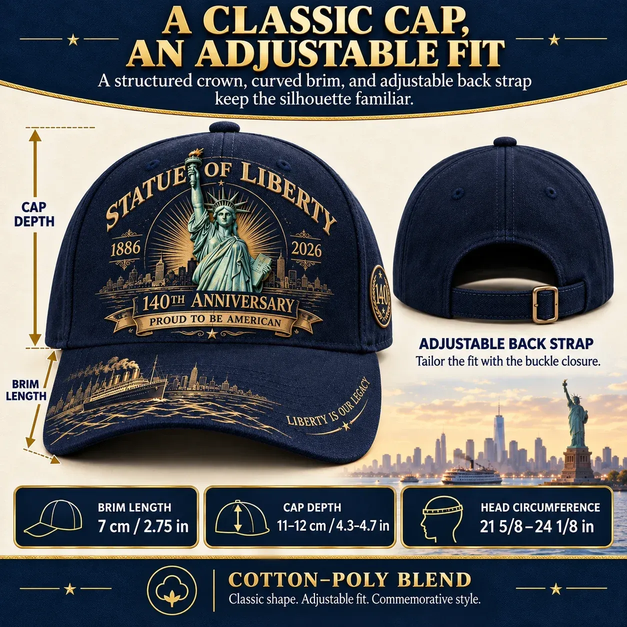 Cap dimensions, cotton-poly blend and adjustable buckle strap