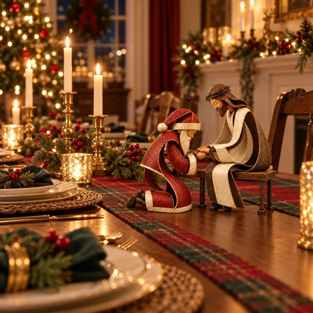 Santa and Jesus figurines displayed on a festive table surrounded by traditional Christmas d&eacute;cor