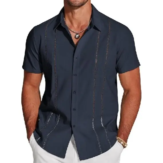 Men's Cuban Short Sleeve V-Neck Linen Shirt Casual Summer Beach