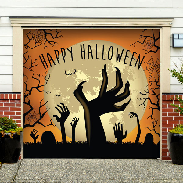 7' x 16'  Happy Halloween Zombie Hands Garage Door Mural