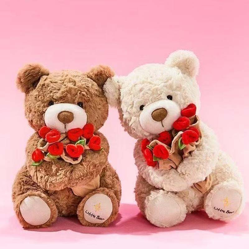 Rose Bloom Bear – Soft Plush Bear with Magnetic Hands & Flower Bouquet