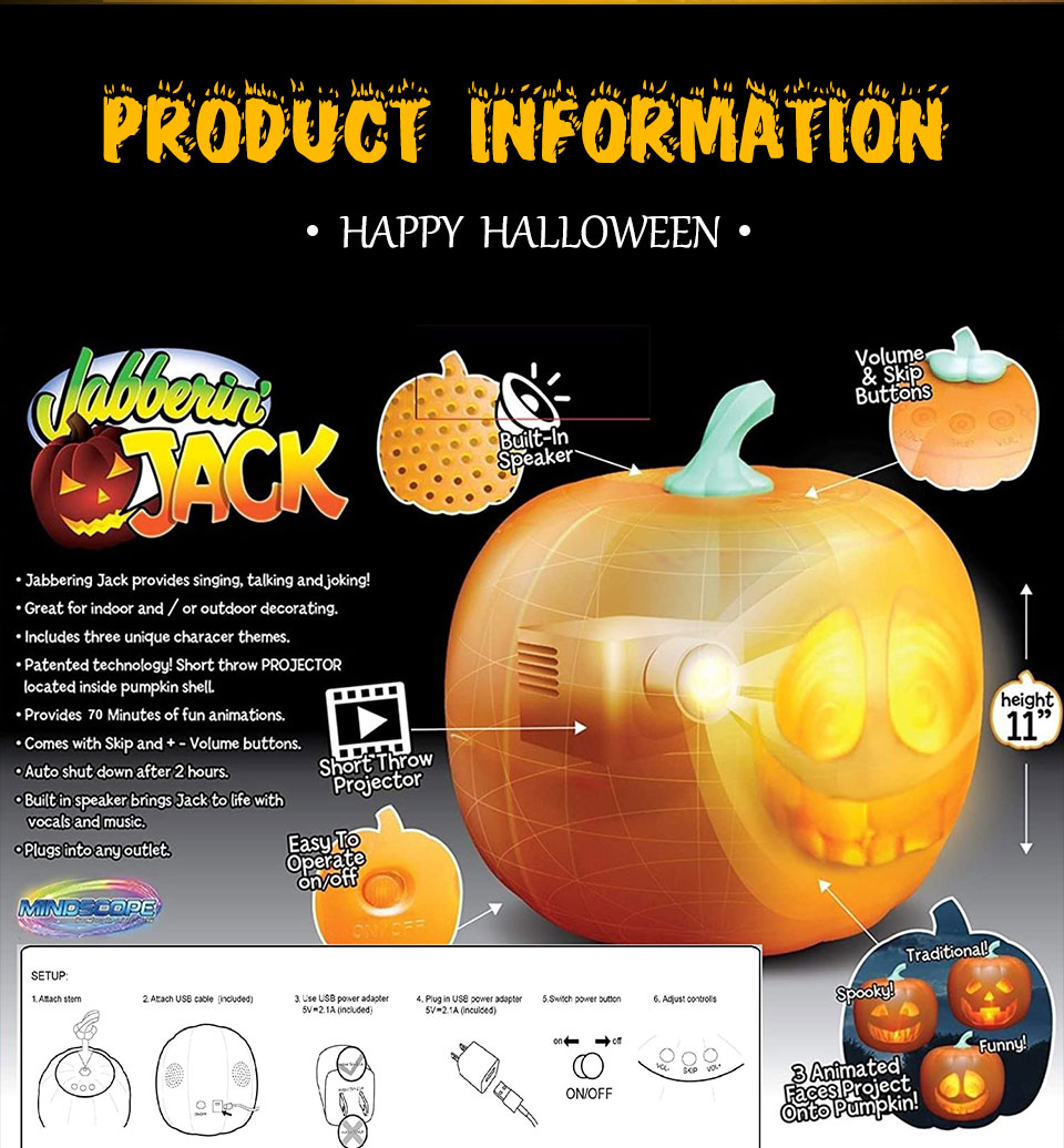 Interactive Halloween Pumpkin Projection Lamp With Builtin Speaker Plugn Play Unique Expressions For Home Parties - 2