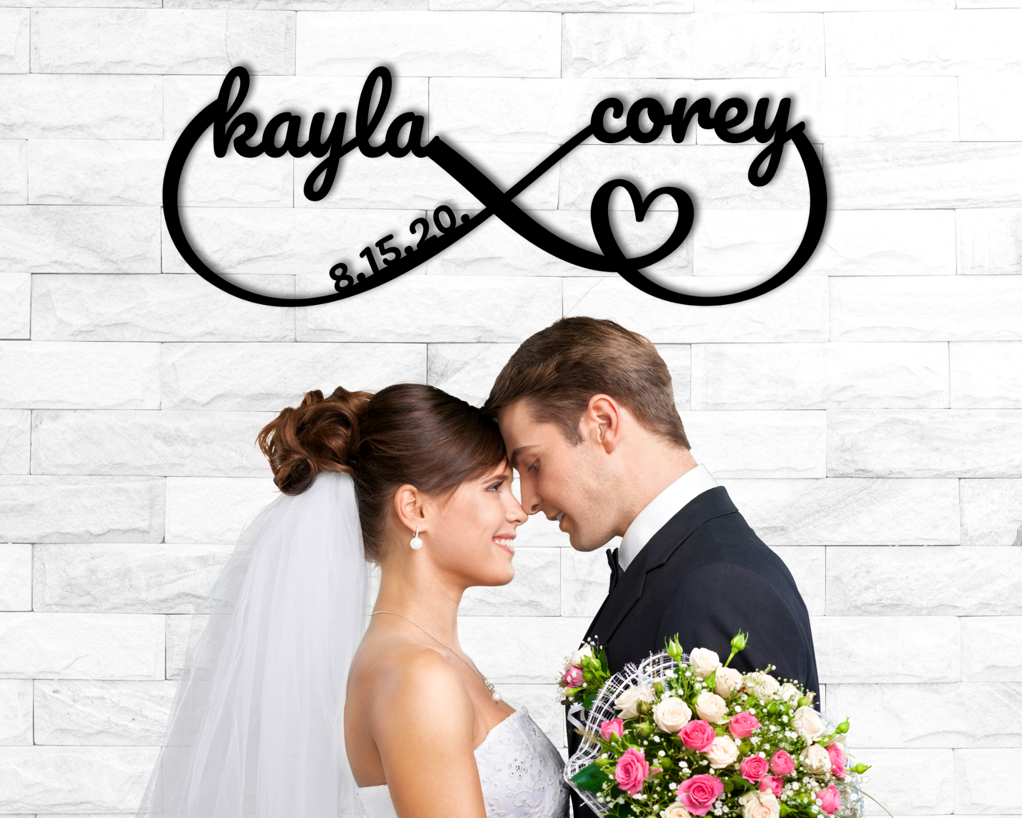 Infinity Heart Sign Containing Names + Date, Personalized Metal Infinity Sign