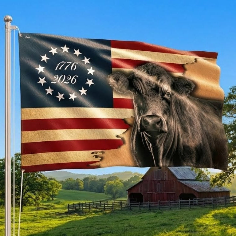 Black Angus Cattle Flag, 1776 2026 Proud Cow Farmer Farm Life Grommet Flag