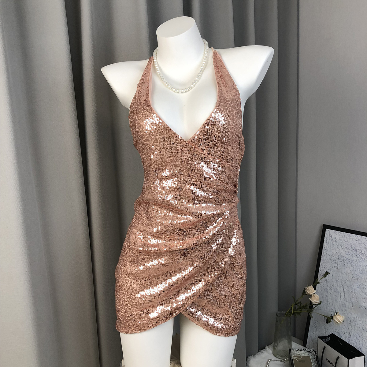 Sexy V-Neck Sequin Mesh Backless Bodycon Dress with Crisscross Straps