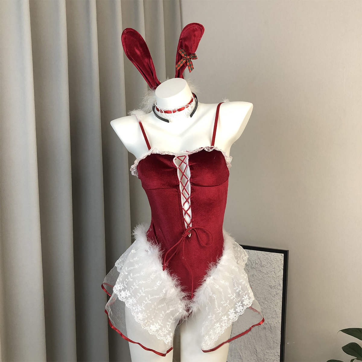 Velvet Christmas Bunny Lingerie Set Backless Nightdress