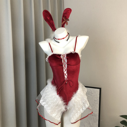 Velvet Christmas Bunny Lingerie Set Backless Nightdress