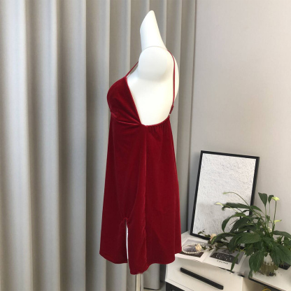 Backless Velvet Nightdress with Padding Spaghetti Straps