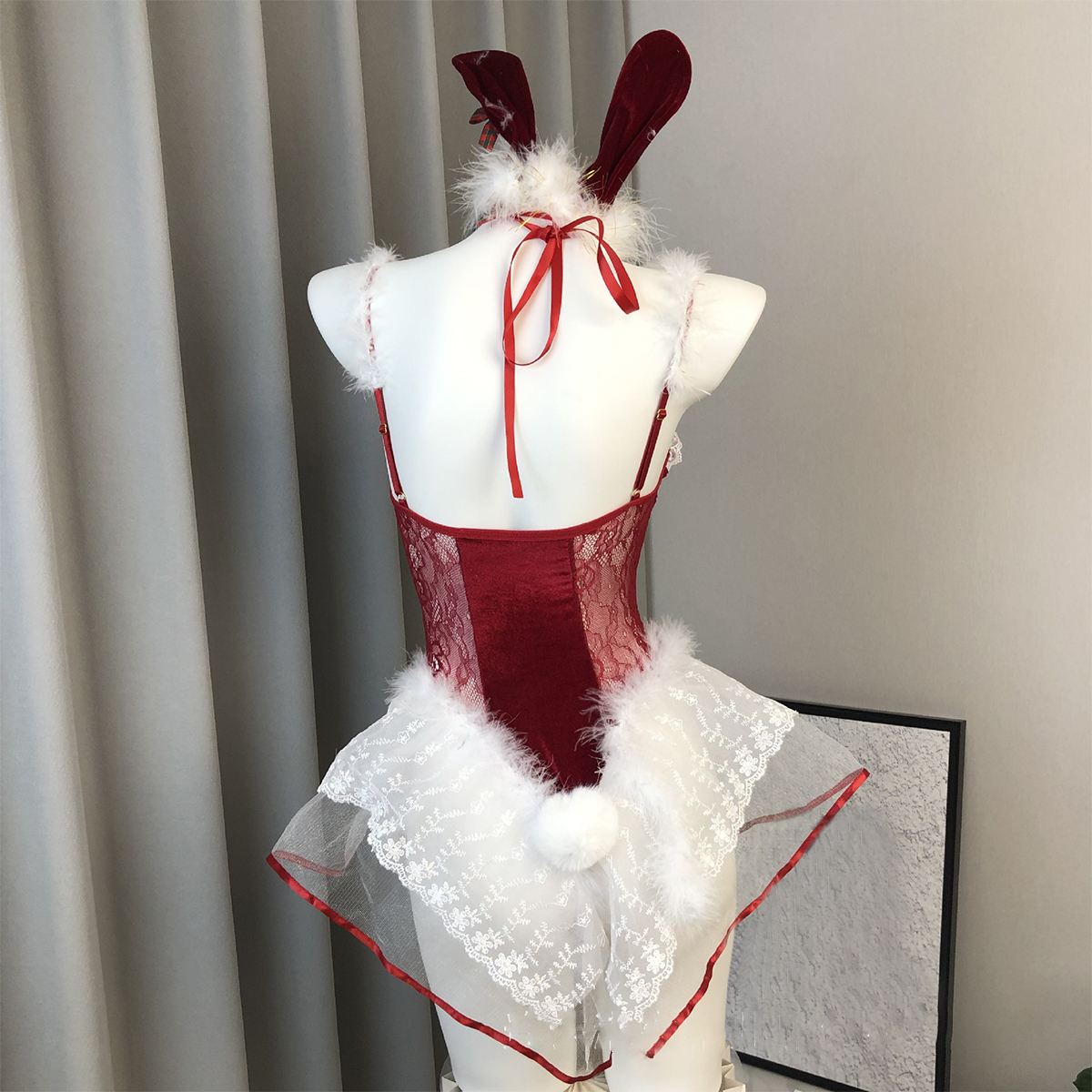Velvet Christmas Bunny Lingerie Set Backless Nightdress