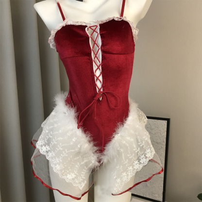 Velvet Christmas Bunny Lingerie Set Backless Nightdress