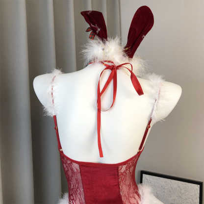 Velvet Christmas Bunny Lingerie Set Backless Nightdress